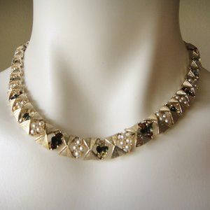 Vintage  Coro Gold Tone Choker Necklace Green Brown Rhinestones Faux Pearls Prom